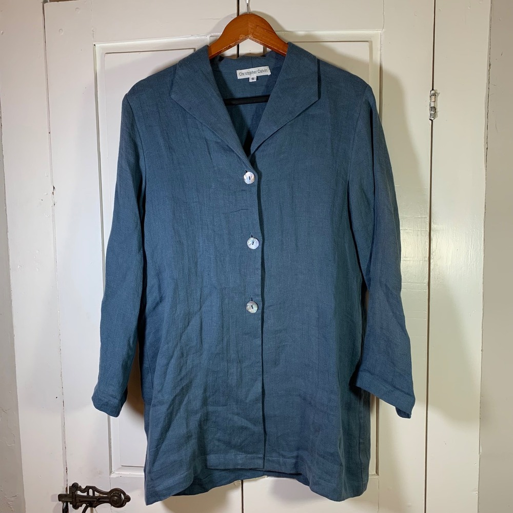 Christopher Calvin Blue Linen Oversize Shirt Jacket Size‎ S Lagenlook Boho Chic